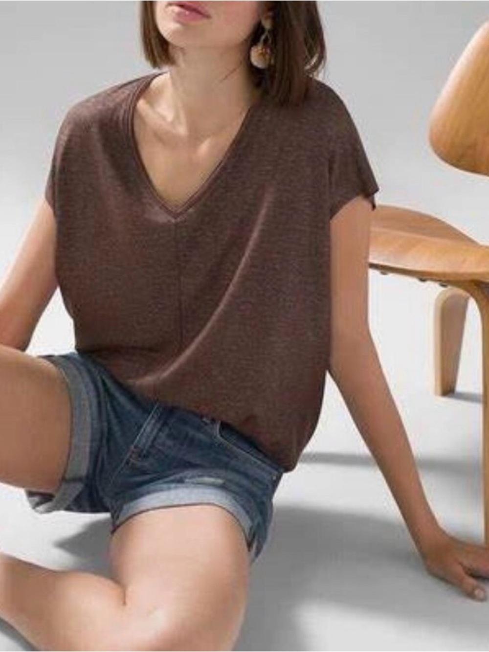White House Black Market Brown Metallic Oversized V-Neck Short Sleeve Top Size L